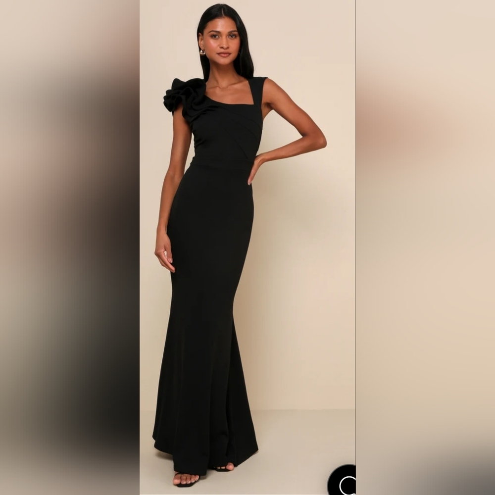Lulus black one sleeve ruffle long formal dress black size extra small xs